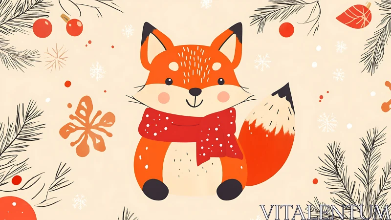 Illustrated fox with scarf amid winter foliage motifs.