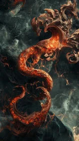 Fiery serpentine dragon coils through storm-torn abyssal sky