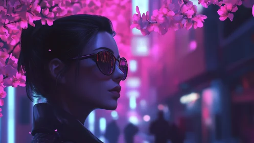 Neon city portrait merges cyberpunk streets and cherry blossoms