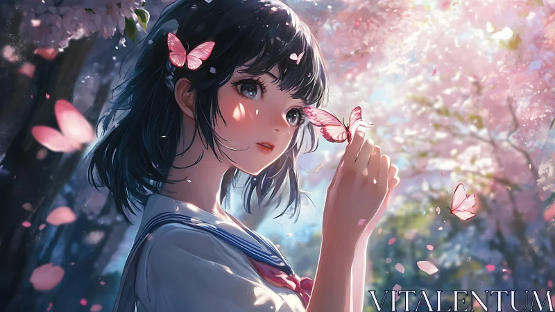 Anime schoolgirl with pink butterflies under cherry blossoms.