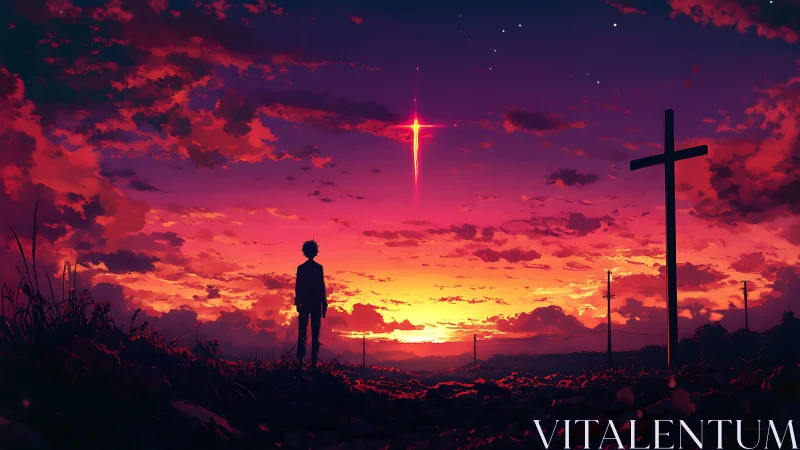 Silhouetted figure studies radiant cross-shaped comet at dusk