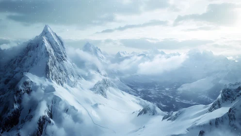 Silent crown of winter storms above cloud-drowned valleys.