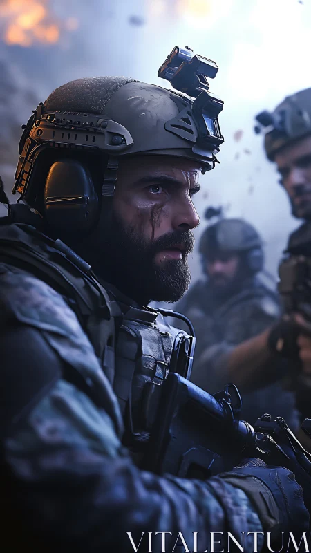 Soldier in tactical gear advances through smoky combat zone