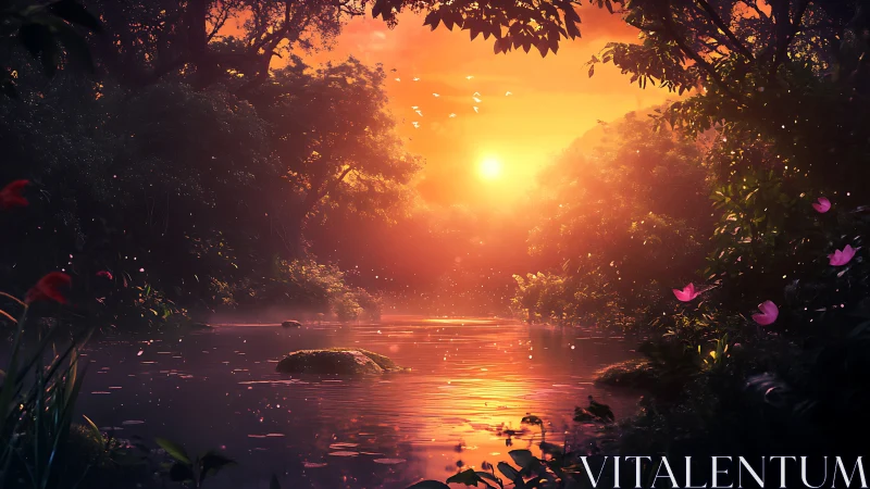 Sunset light reflects across dense jungle river surface