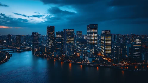 Dense riverside city skyline at blue hour, lit windows glow.