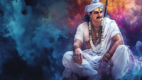 Regal warrior in white robes against vivid smoky backdrop.