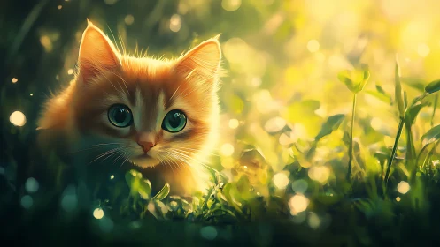 Young Cat Sitting in Grass with Soft Bokeh Lighting