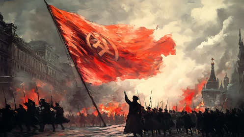 Red revolutionary flag sweeps above marching soldiers in battle.