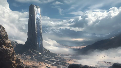Sky-piercing monolith guards a mist-laced alien valley.