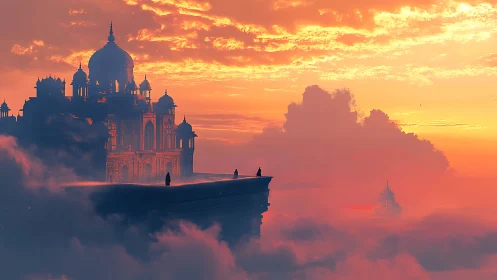 Stratified cloud citadel under volumetric sunset illumination.