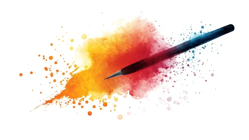 Bursting watercolor splash with dynamic drawing pencil.