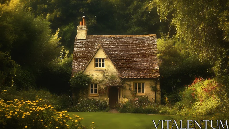 Storybook stone cottage wrapped in golden forest hush.