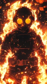 Figure in tactical suit rendered against intense fire effect background