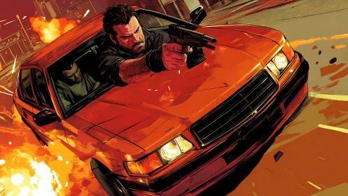 Gunman leans from speeding car as explosions ignite city chase