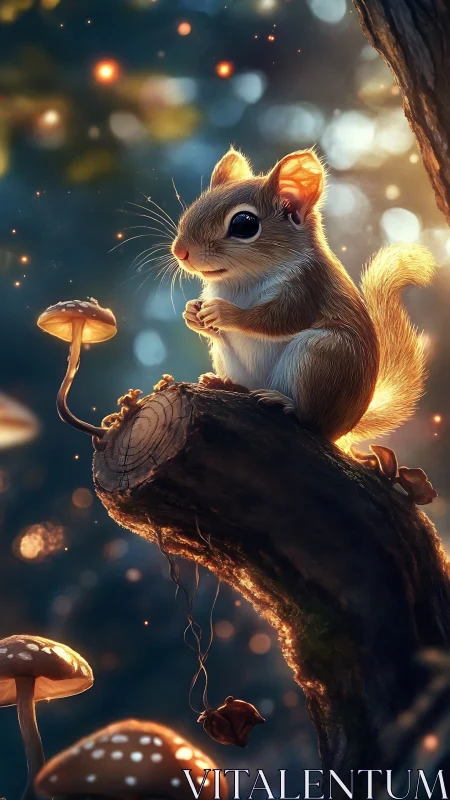 Forest mouse glows on mossy log under warm bokeh light.