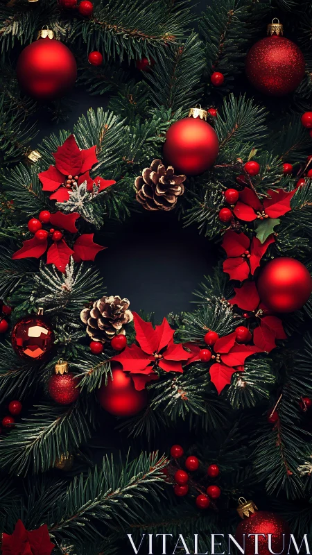 Photorealistic Christmas wreath framing dark central void.