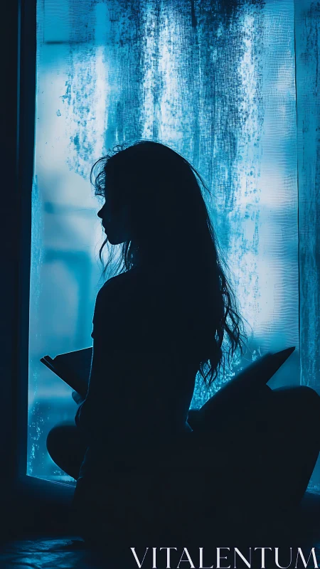 Silhouette of woman reading by window in cool blue light.