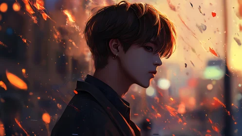 Brooding young man in city at dusk with glowing embers