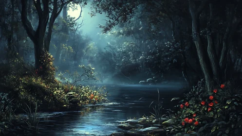 Moonlit forest river with glowing mist and vivid red roses
