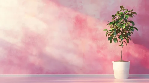 Potted indoor tree brightens a soft pink pastel wall