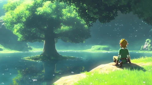 Figure observes large tree on central islet across calm water