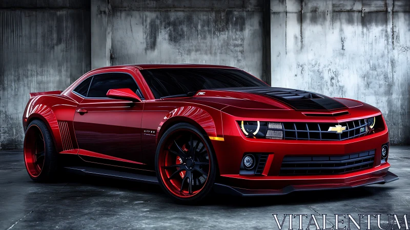 Red modified Chevrolet Camaro coupe parked in industrial garage