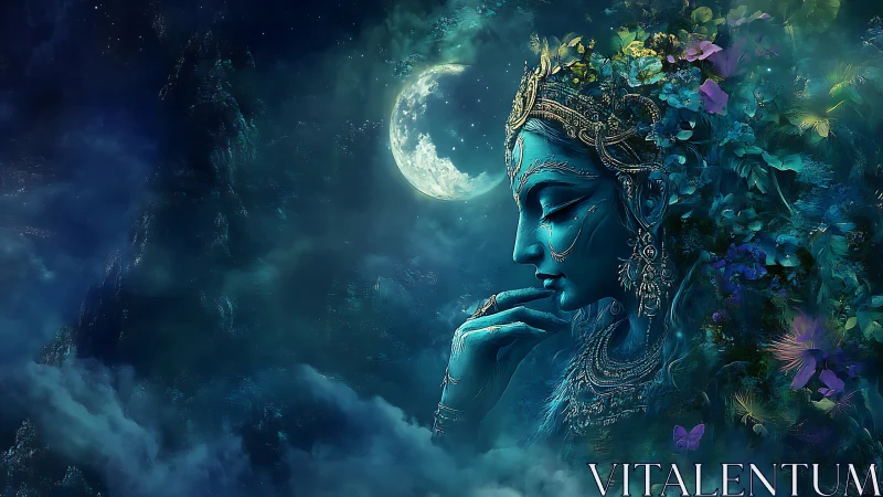 Moonlit azure goddess dreaming in florid cosmic silence.