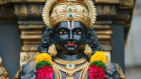 Radiant temple statue glows with color, gold and calm grace