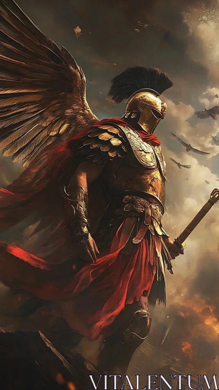 Winged golden warrior stands strong against a stormy sky