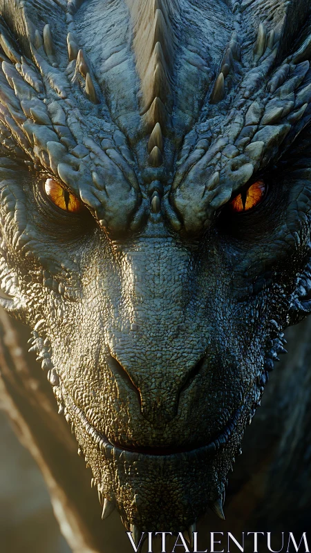 Cinematic dragon head close-up with molten amber eyes.