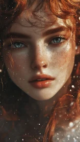 Close-up digital portrait of freckled woman with red hair.