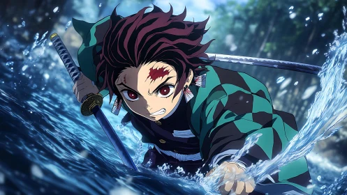 Anime swordsman charging through river with water arc.