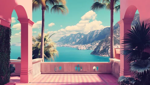 Coastal terrace with palm trees and distant mountain town.