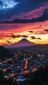Volcanic skyline over illuminated valley city at chromatic dusk.