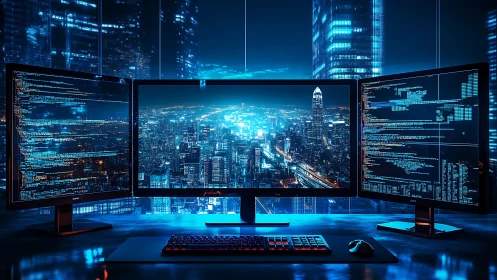 Cyberpunk code ops workstation with panoramic cityscape interface.