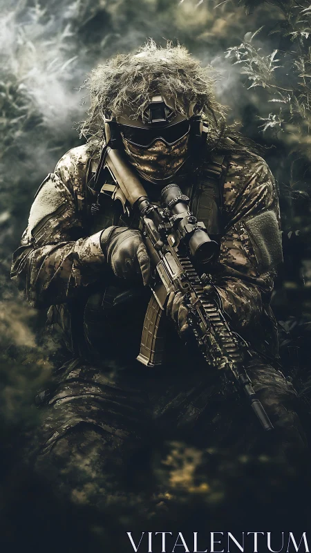 Camouflaged sniper in digital gear aims rifle in dense foliage