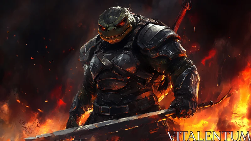 Armored reptilian warrior stands with sword amid fire