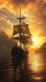 Tri-masted galleon silhouetted against volumetric sunset sky.