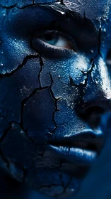 Photoreal close-up of cracked metallic blue painted face.