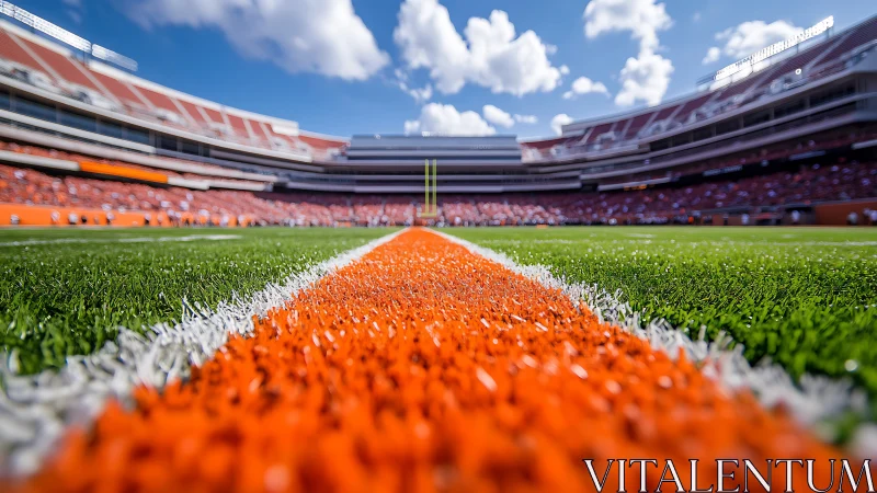 Low-angle gridiron view with vivid orange sideline stripe.