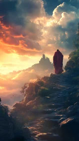 Pilgrim in red climbs toward a cloud crowned mountain citadel.