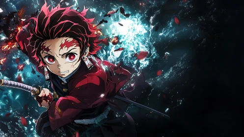 Dynamic anime swordsman lunges through turbulent aqueous energy