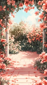 Sunlit rose arbor walkway under soft pastel sky.