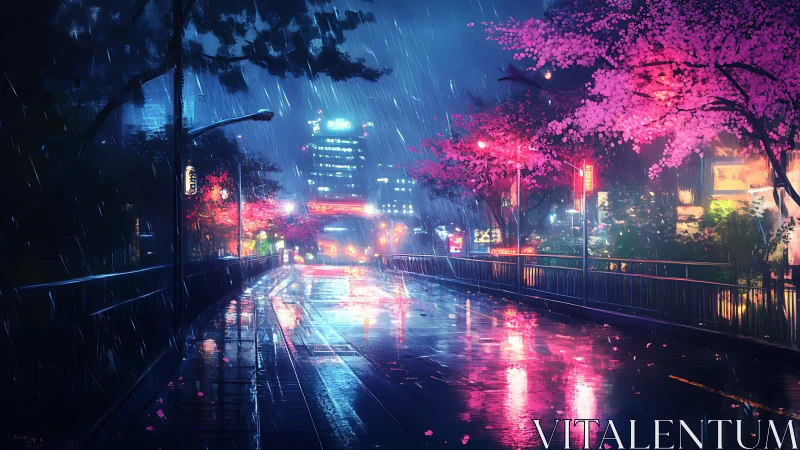 Nocturnal rain-soaked boulevard with neon and cherry blossoms