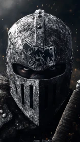 Photorealistic close-up of armored knight helm portrait.