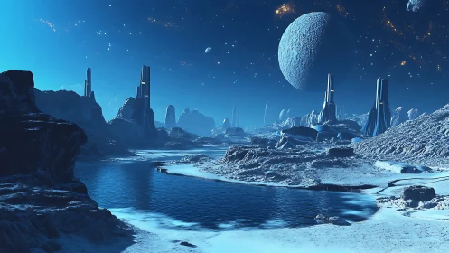 Silent alien shoreline welcomes tall towers and distant moons