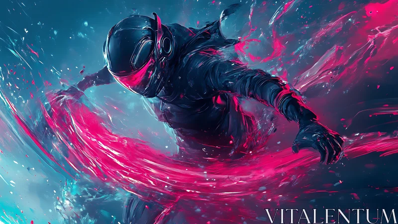 Neon-clad cyber rider carves magenta energy arcs through fluid haze