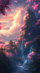 Skyward sakura temples crowned by waterfalls and fireclouds.