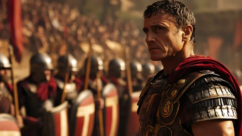 Roman military officer in formation before assembled troops.