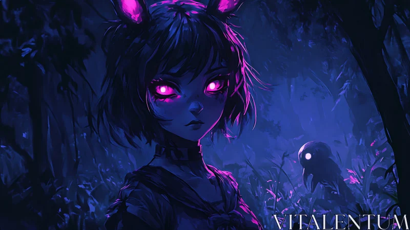 Forest-eyed night girl trades secrets with the neon gloom